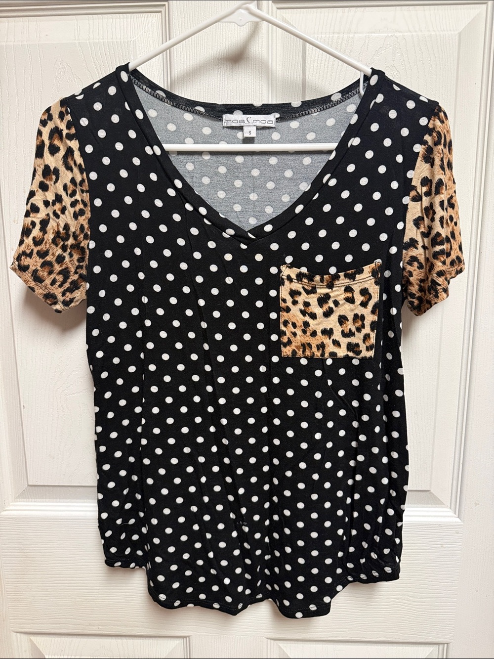 Moa Moa Black White Polka Dot V-Neck Tee with Leopard Accents